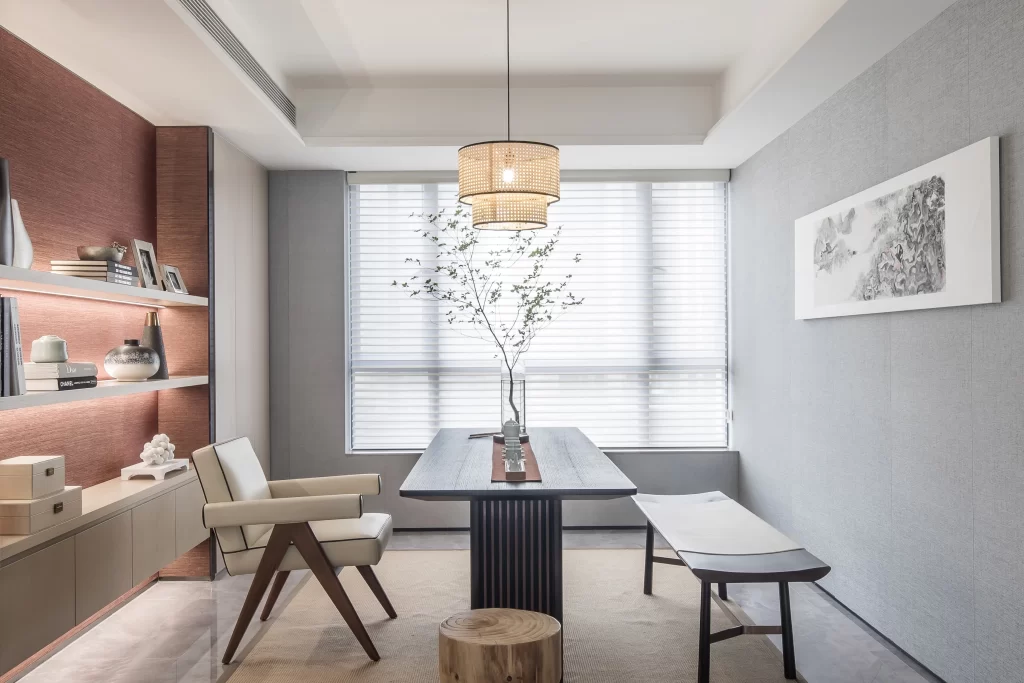 Contemporary Dining Room Dark Wood Table White Chair Neutral Tones