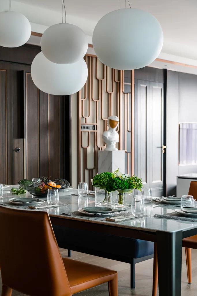 Contemporary Dining Room Marble Table Leather Chairs Neutral Tones