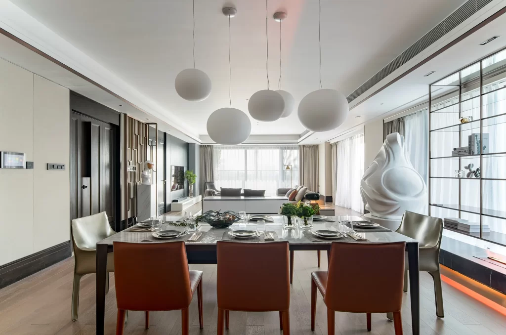 Contemporary Dining Room Marble Table Leather Chairs Neutral Tones Modern Design