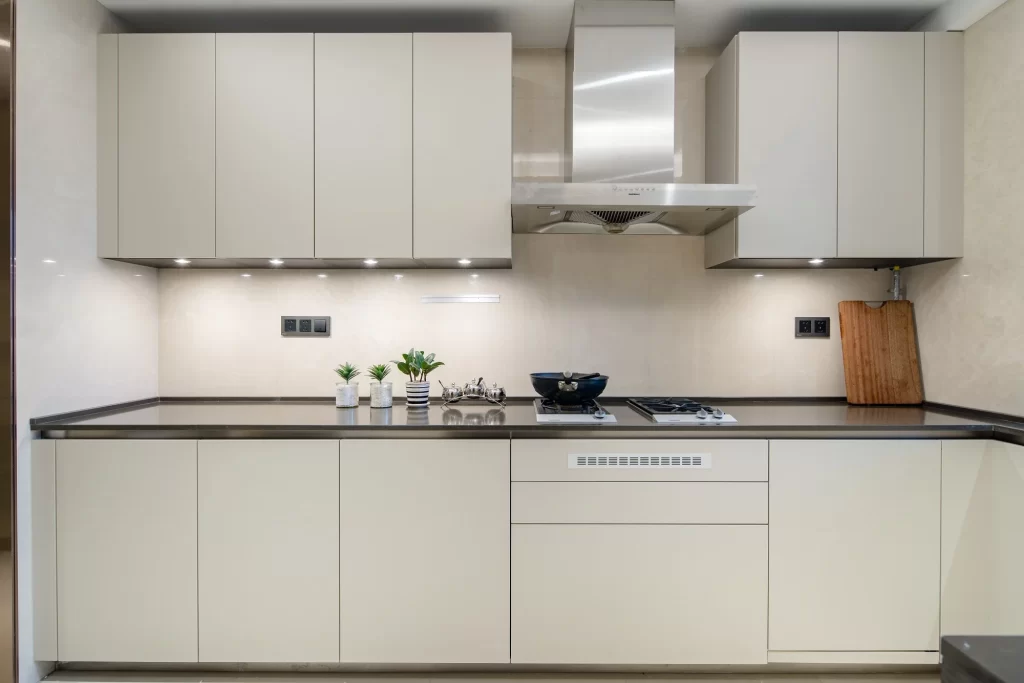Contemporary Kitchen White Cabinets Black Countertop Stainless Steel Appliances