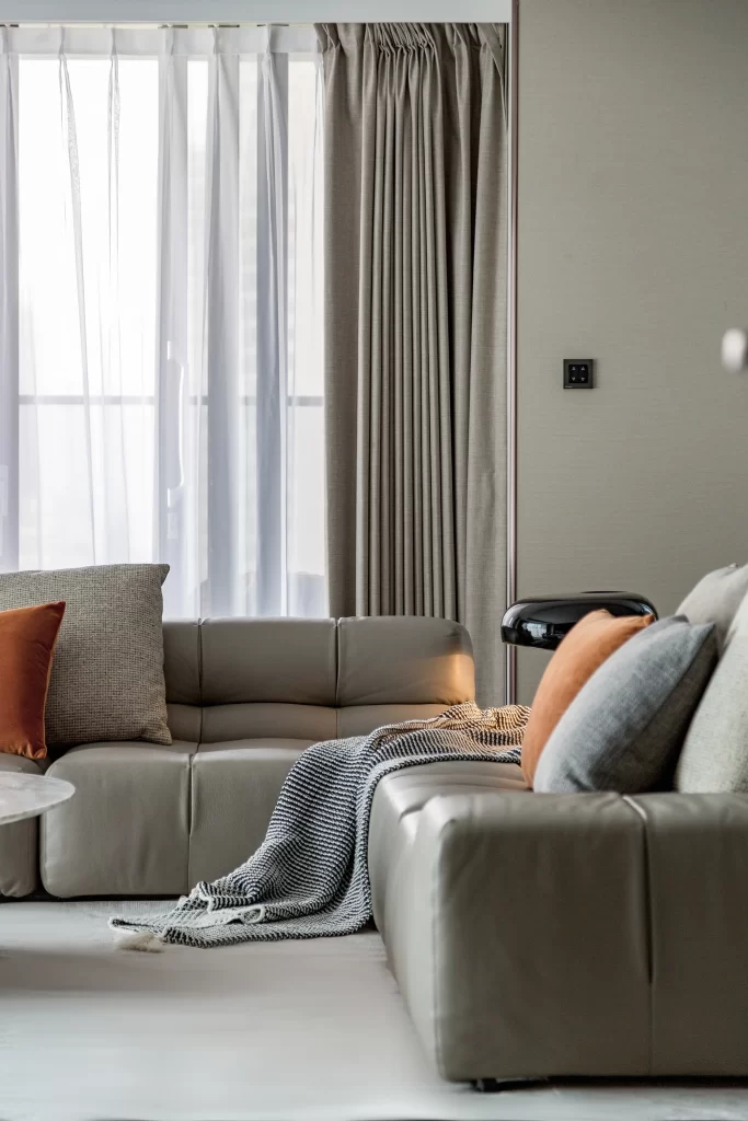 Contemporary Living Room Grey Sofa Textured Cushions Neutral Tones