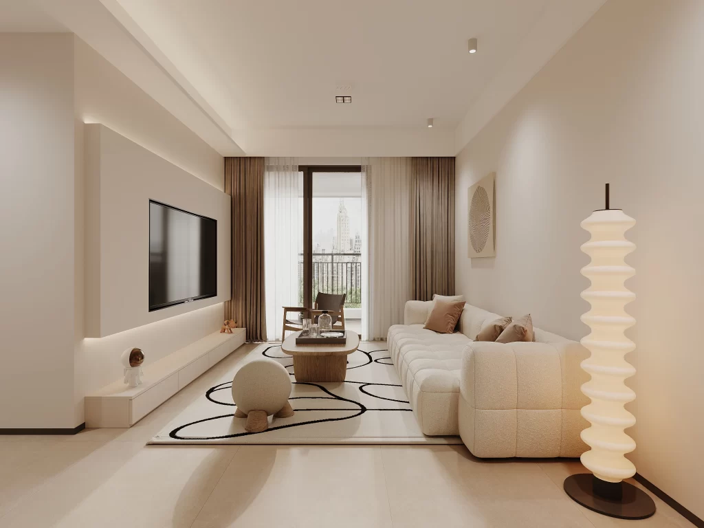 Contemporary Living Room White Sofa Round Coffee Table Neutral Tones