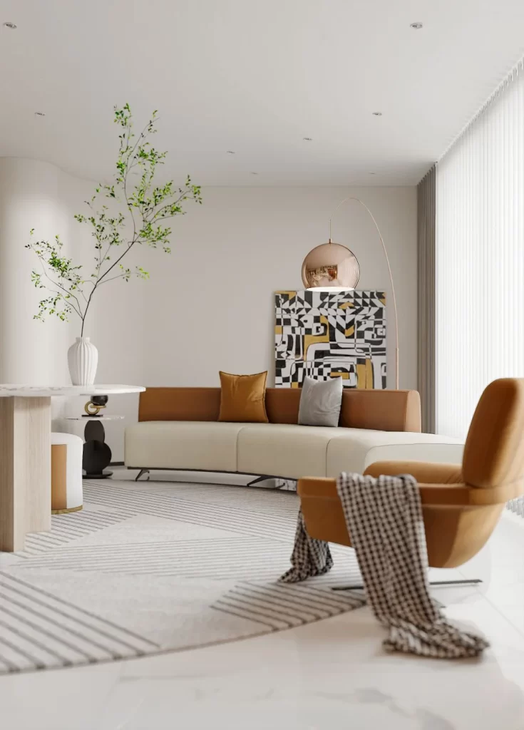 Contemporary Living Space Cream Sofa Armchair Neutral Tones Geometric Art