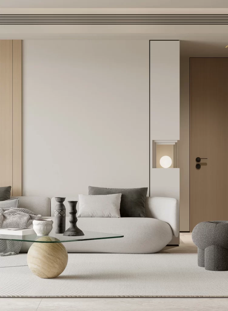 Contemporary Living Space White Sofa Glass Coffee Table Neutral Tones