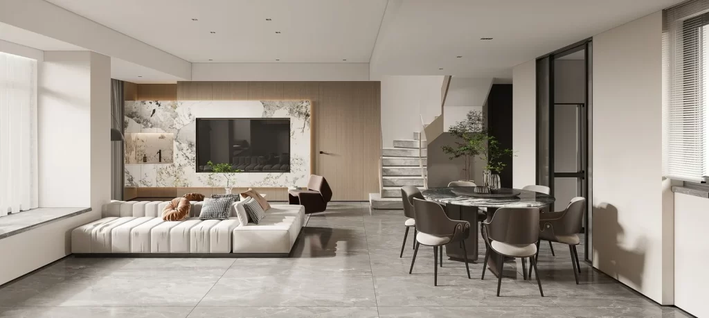 Contemporary Living Space White Sofa Marble Dining Table Neutral Tones