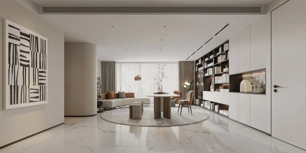 Contemporary Living Space White Sofa Round Table Neutral Tones