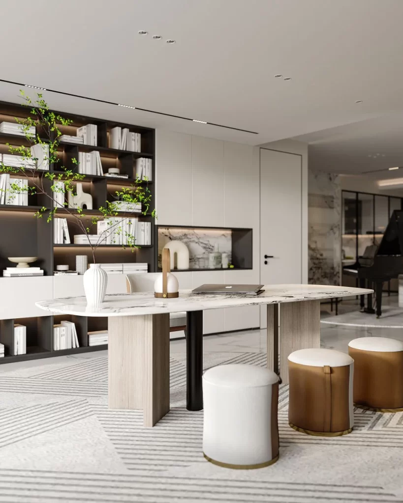 Contemporary Study Room Marble Table Wooden Bookshelf Neutral Tones