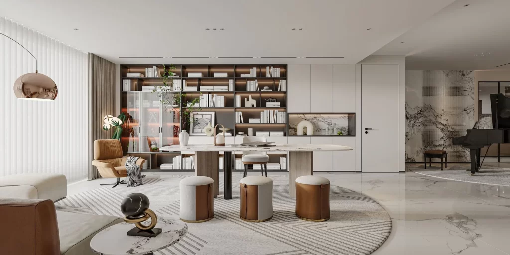 Contemporary Study Room White Desk Bookshelves Neutral Tones