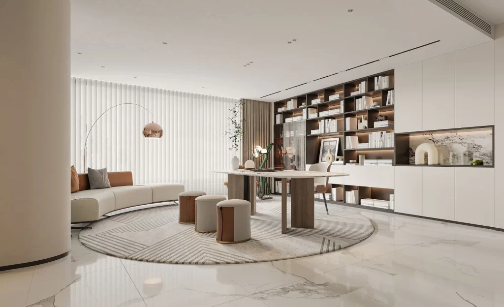Contemporary Study Room White Desk Bookshelves Neutral Tones