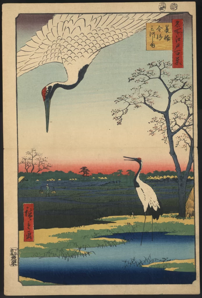 Cranes Nature Landscape Sunset Traditional Art