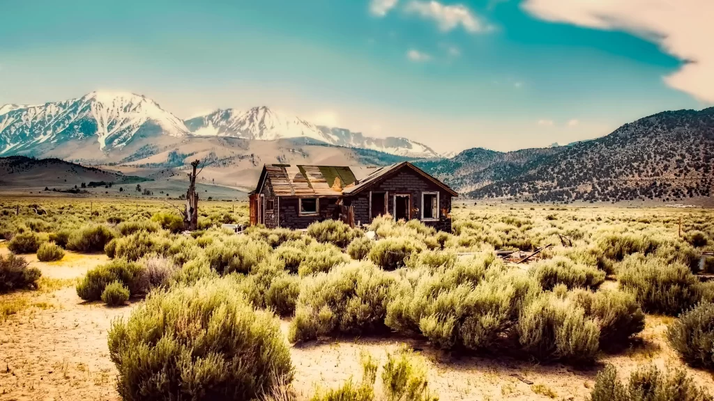Desert Abandoned House Mountains Bushes Sky