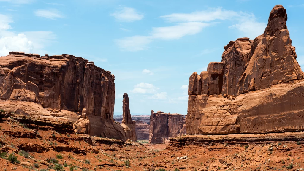 Desert Rocky Terrain Arches Canyon Blue Sky Scenic