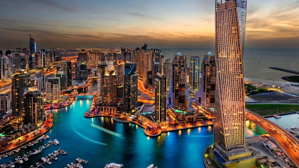 Dubai cityscape skyscrapers marina waterway sunset