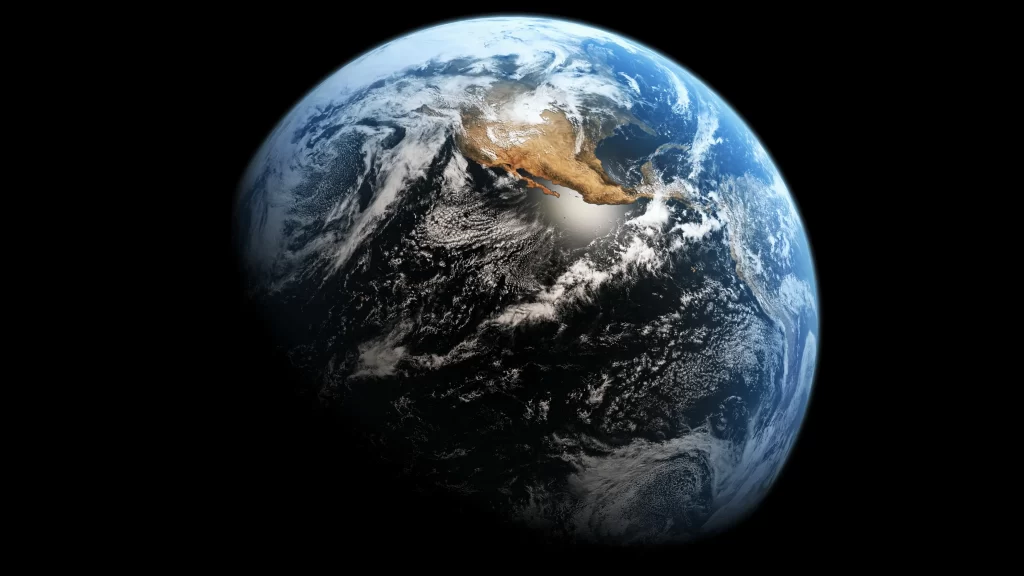 Earth atmosphere clouds continents oceans sunlight shadow space