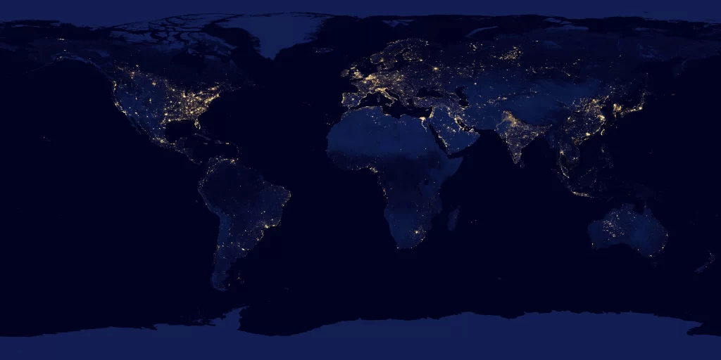 Earth night lights map continents countries