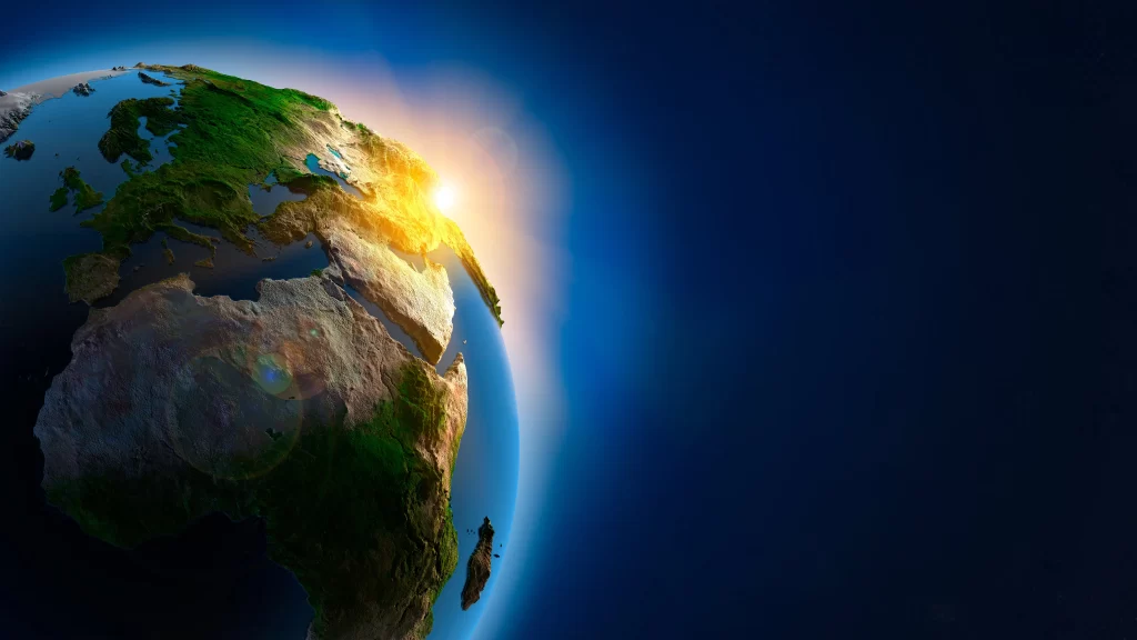 Earth sunrise space atmosphere continents ocean
