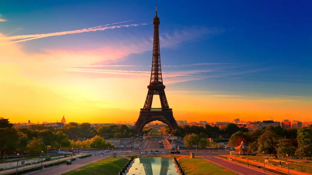 Eiffel Tower Sunset Paris Skyline Reflection Vibrant Colors