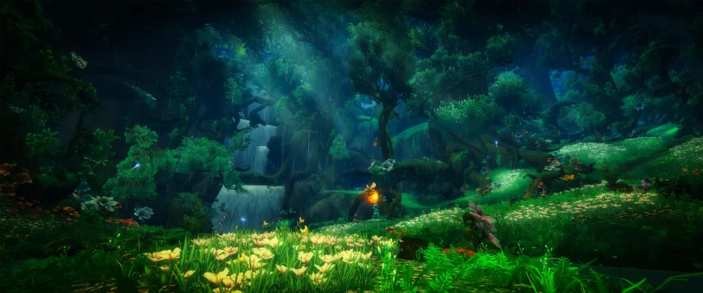 Fantasy Forest Mystical Lush Greenery Glowing Flowers Waterfall Enchantment