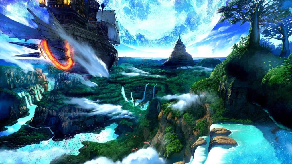 Fantasy Landscape Flying Ship Lush Greenery Waterfalls Moon Mystical