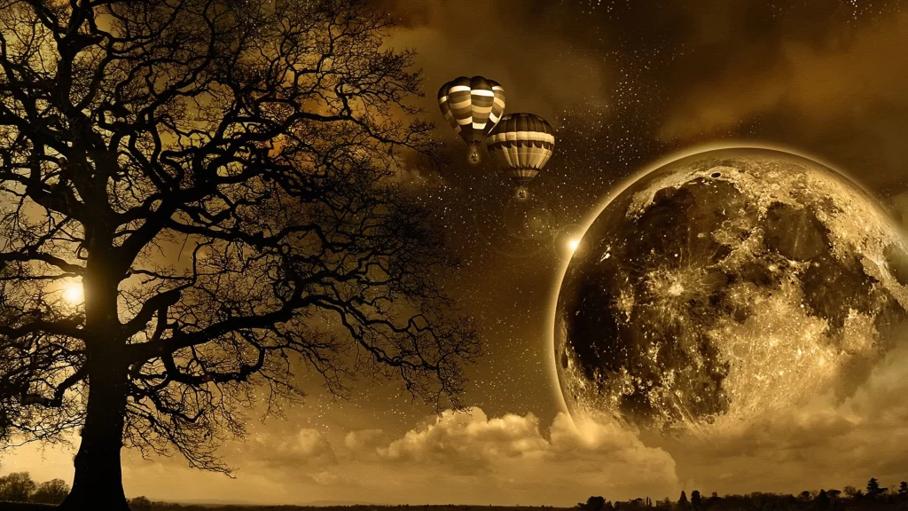 Fantasy surreal moon tree hot air balloons night sky