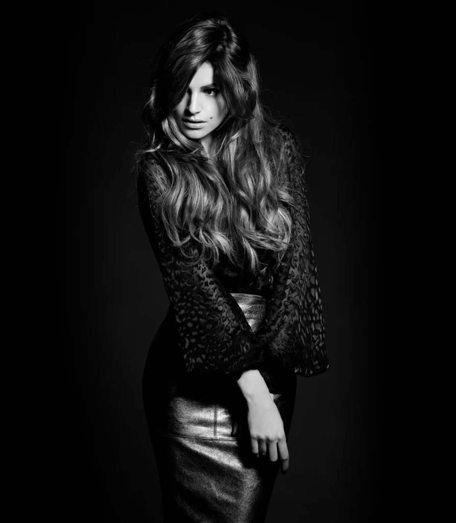 Fashion elegance black and white hair leather pose