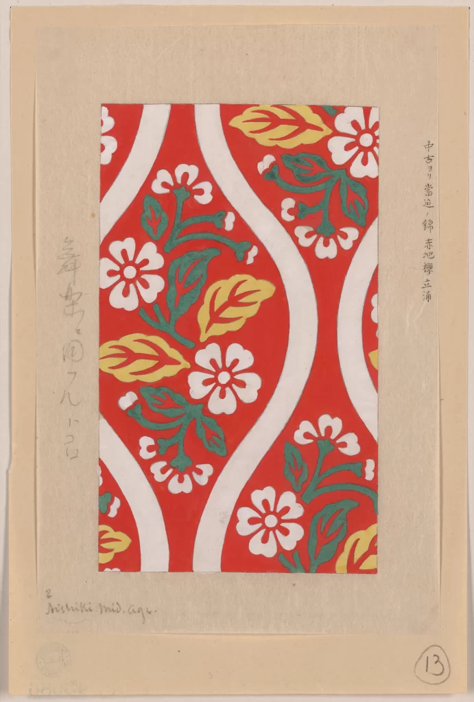 Floral Pattern Red Background White Flowers Green Leaves Yellow Accents Traditional Design