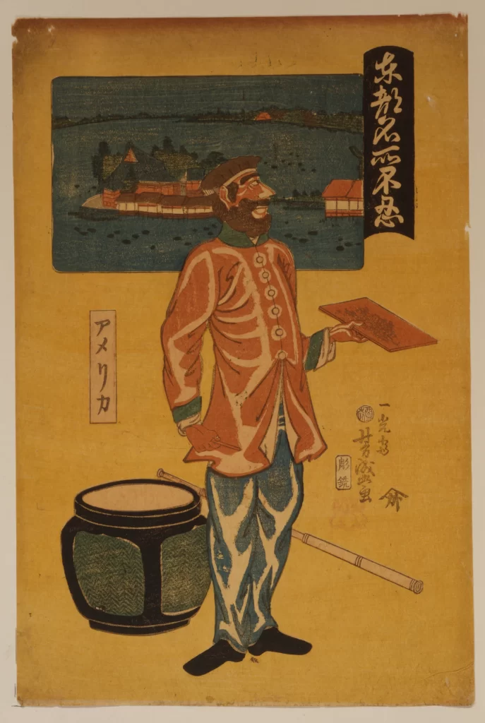 Foreigner Traditional Attire Drum Landscape Japanese Script Cultural Fusion