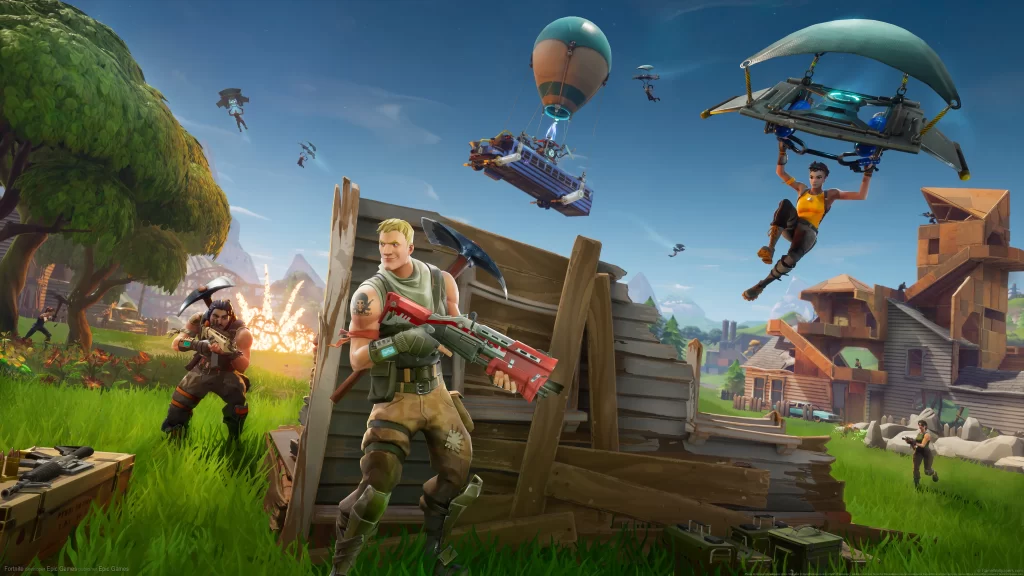 Fortnite battlegrounds players weapons parachutes explosions buildings grass sky