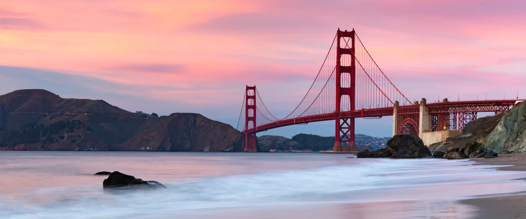 Golden Gate Bridge Sunset Ocean Waves Rocks Pink Sky