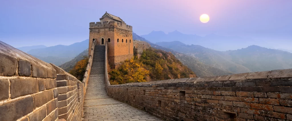 Great Wall Ancient Stone Tower Mountains Sunset