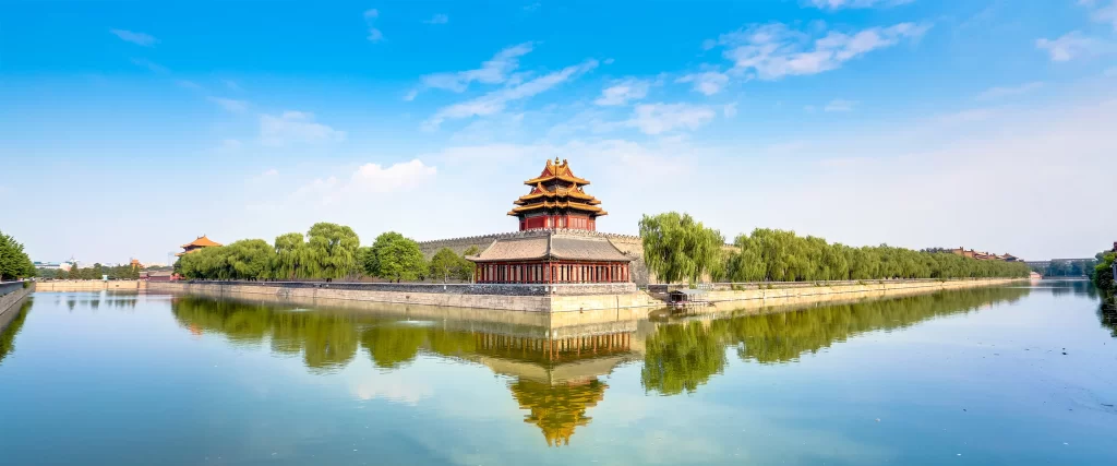 Historic Architecture Traditional Reflection Moat Blue Sky Green Trees