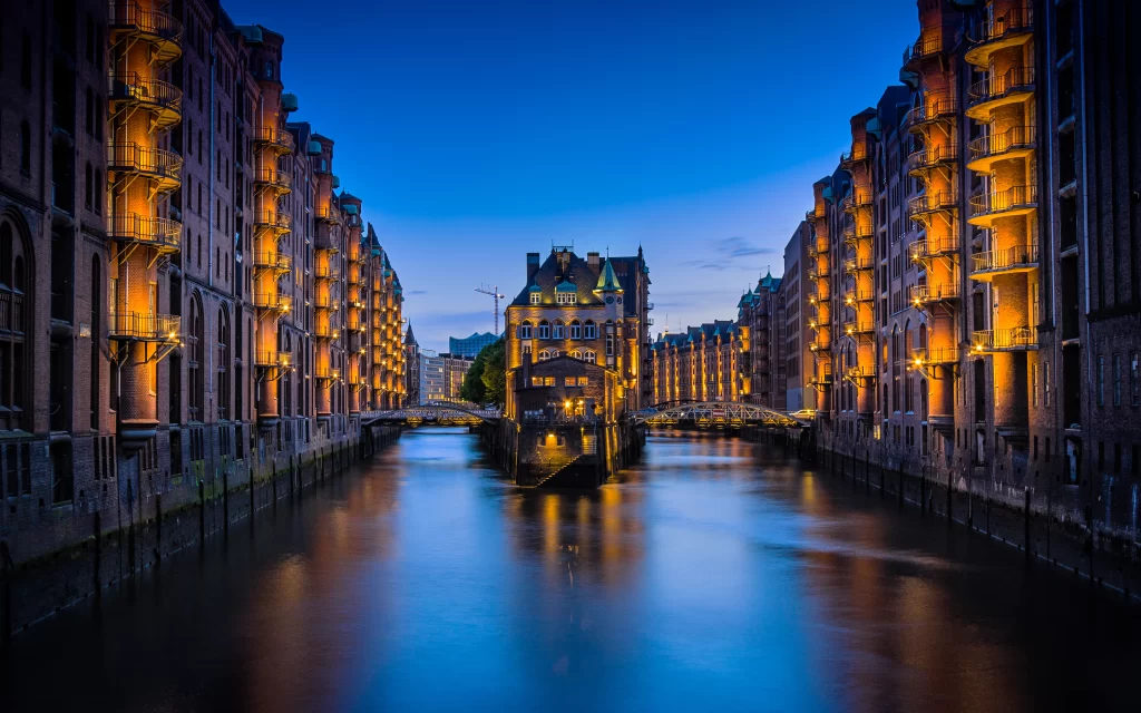 Historic Buildings River Twilight Lights Architecture Serene