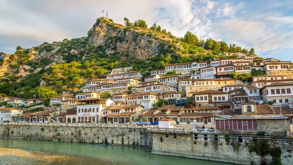 Historic town traditional buildings mountain river architecture landscape