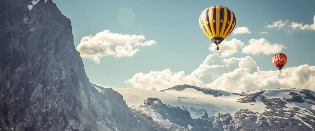 Hot Air Balloons Mountains Snow Sky Clouds Adventure