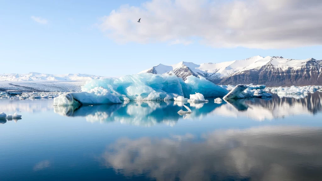 Icebergs Snow Mountains Reflections Water Sky