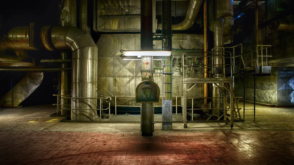 Industrial machinery pipes metal structures fluorescent lighting factory floor s