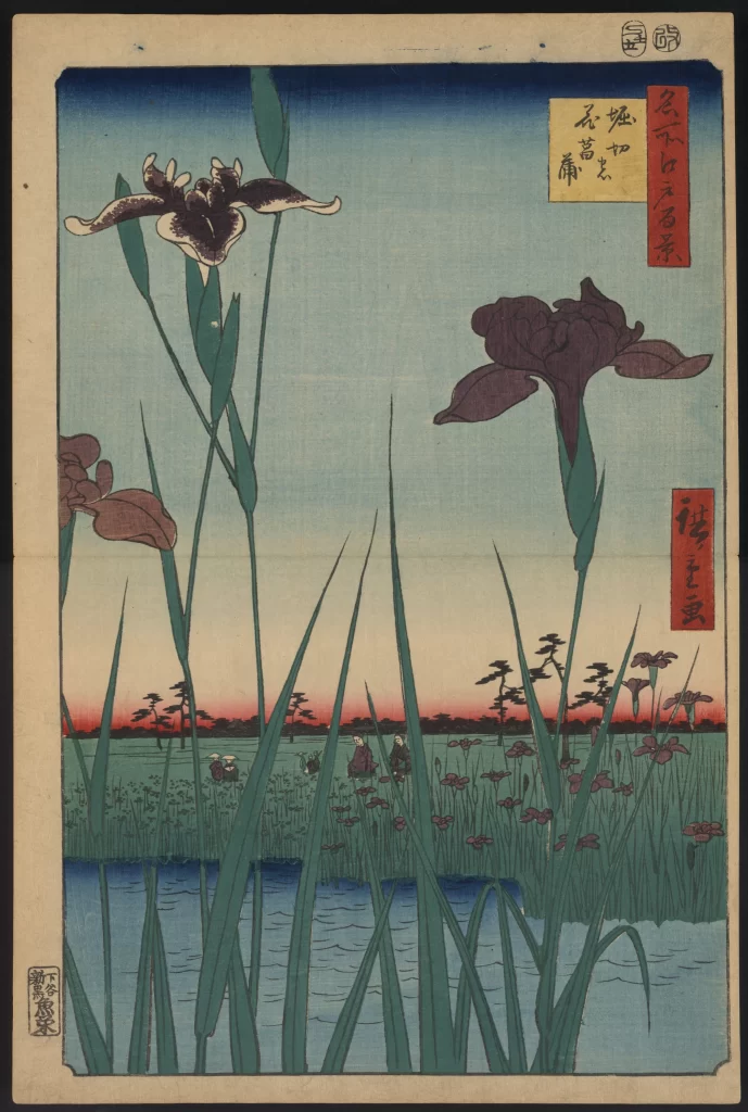 Iris Flowers Traditional Japanese Landscape Water Sky Woodblock Print