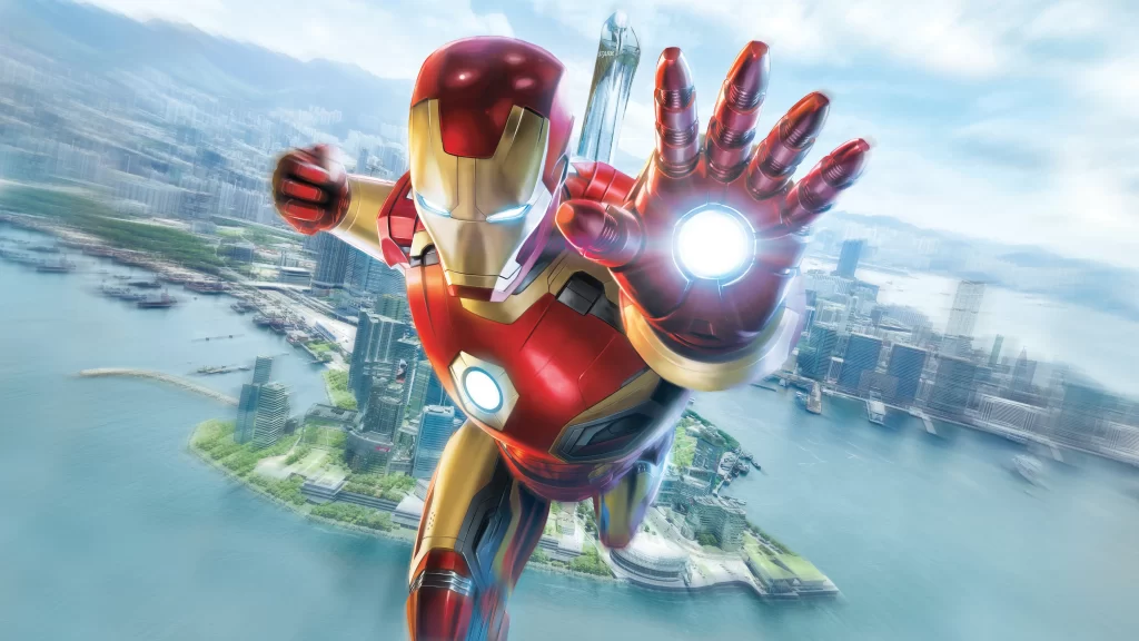 Iron Man superhero cityscape flight energy armor