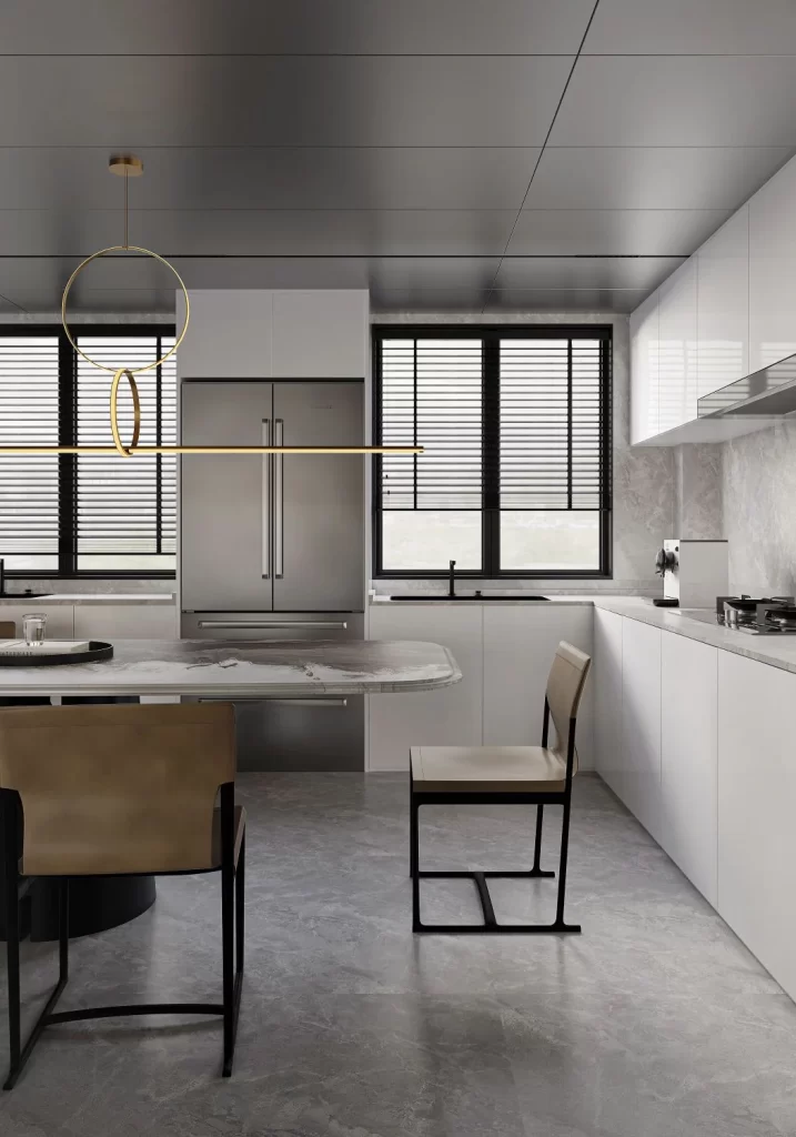 Kitchen white black gray modern.