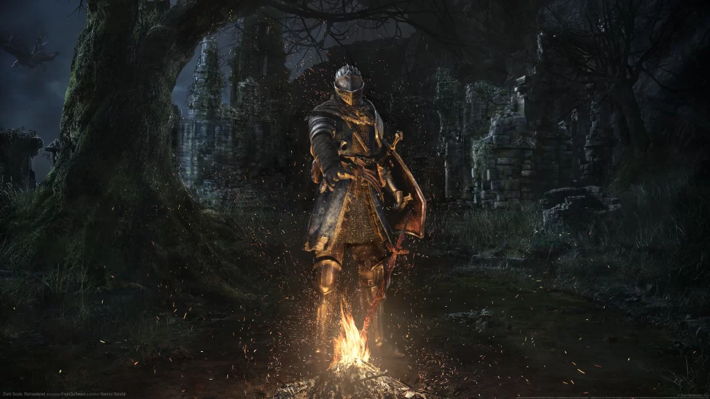 Knight armor fire forest ruins fantasy