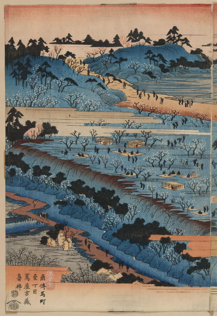 Landscape Cherry Blossoms People Traditional Attire Rural Scene Serene