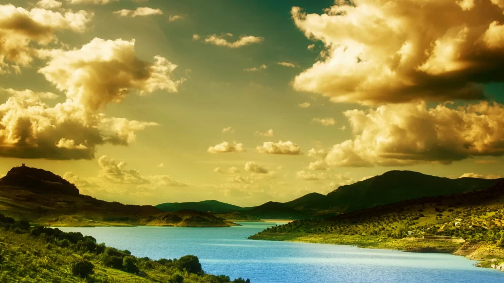 Landscape Lake Mountains Clouds Greenery Sunlight