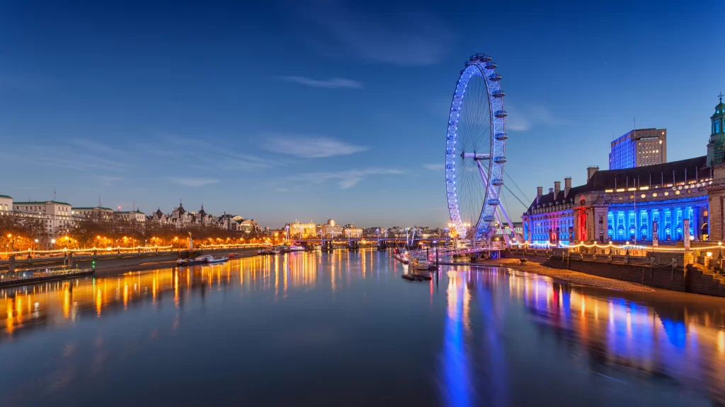 London Eye River Thames cityscape evening lights reflection skyline architecture