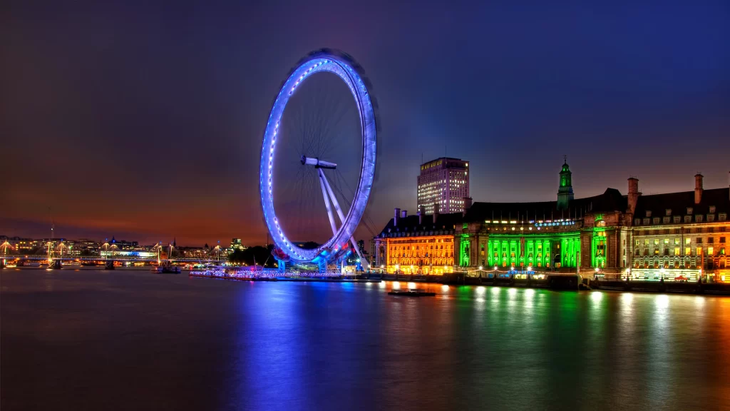 London Eye night cityscape river lights reflection skyline landmark