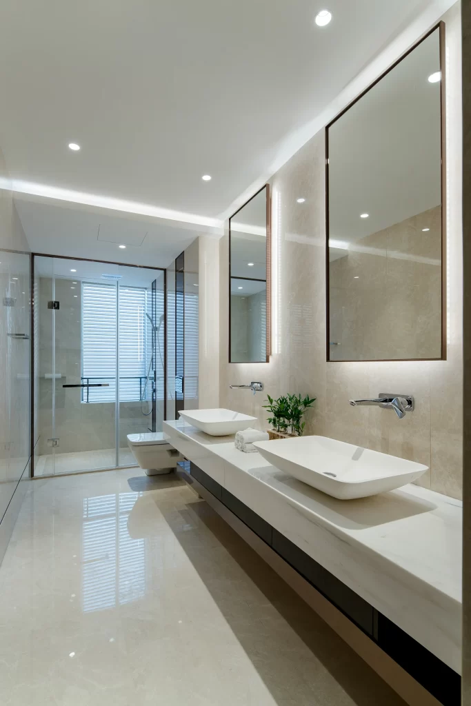 Luxury Bathroom Double Vanity Beige Marble Glass Shower Neutral Tones