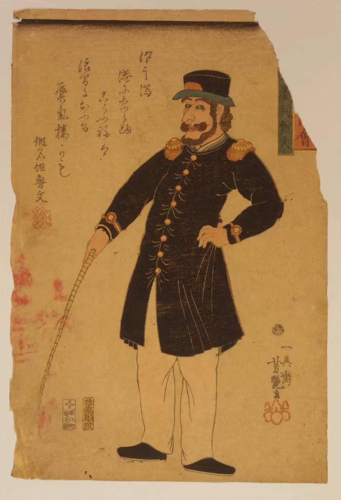 Military Uniform Cane Standing Pose Traditional Attire Japanese Art Historical Figure