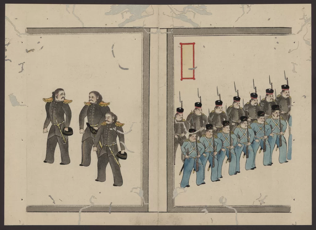 Military Uniforms Historical Illustration Marching Soldiers Traditional Attire Cultural Depiction