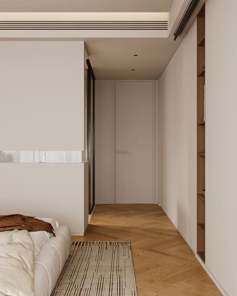 Minimalist Bedroom Wooden Flooring Neutral Tones Modern Design Cozy Atmosphere