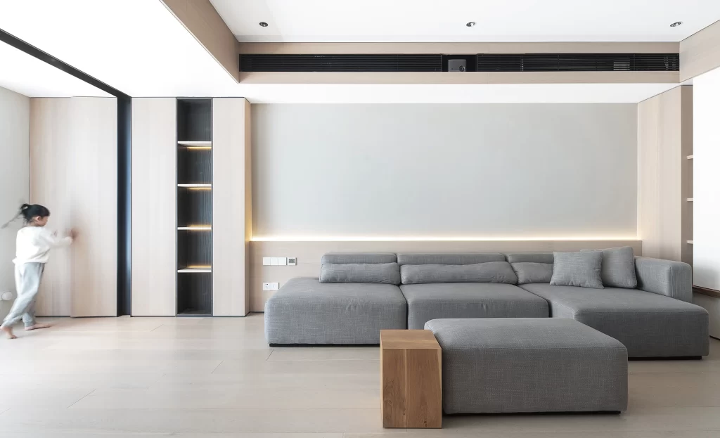 Minimalist Living Room Grey Sofa Wooden Coffee Table Neutral Tones