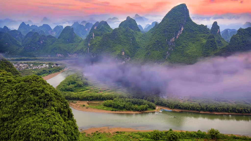 Misty Mountains River Sunset Landscape Scenic